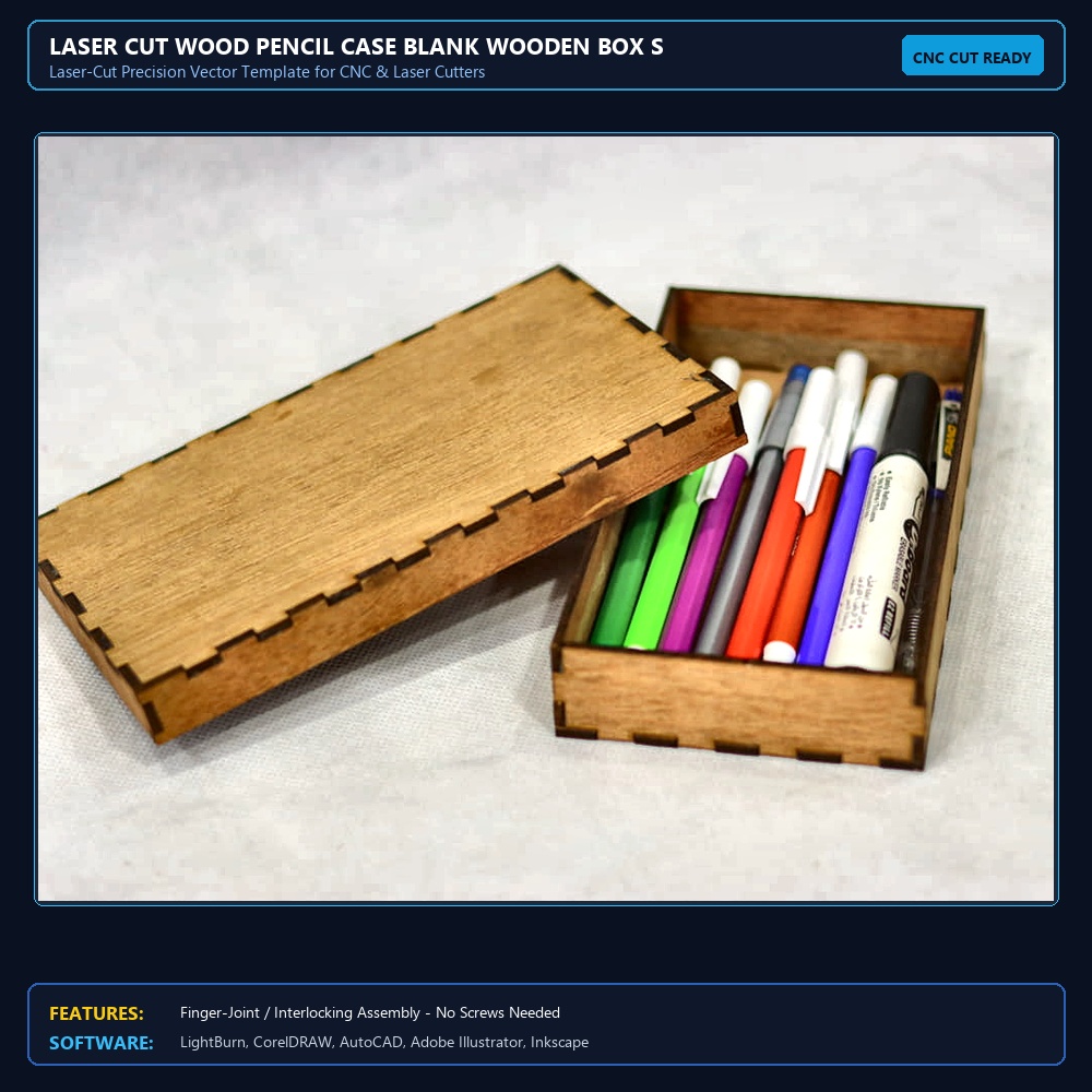 Laser Cut Wood Pencil Case Blank Wooden Box SVG DXF CDR AI PDF Free Download View 4
