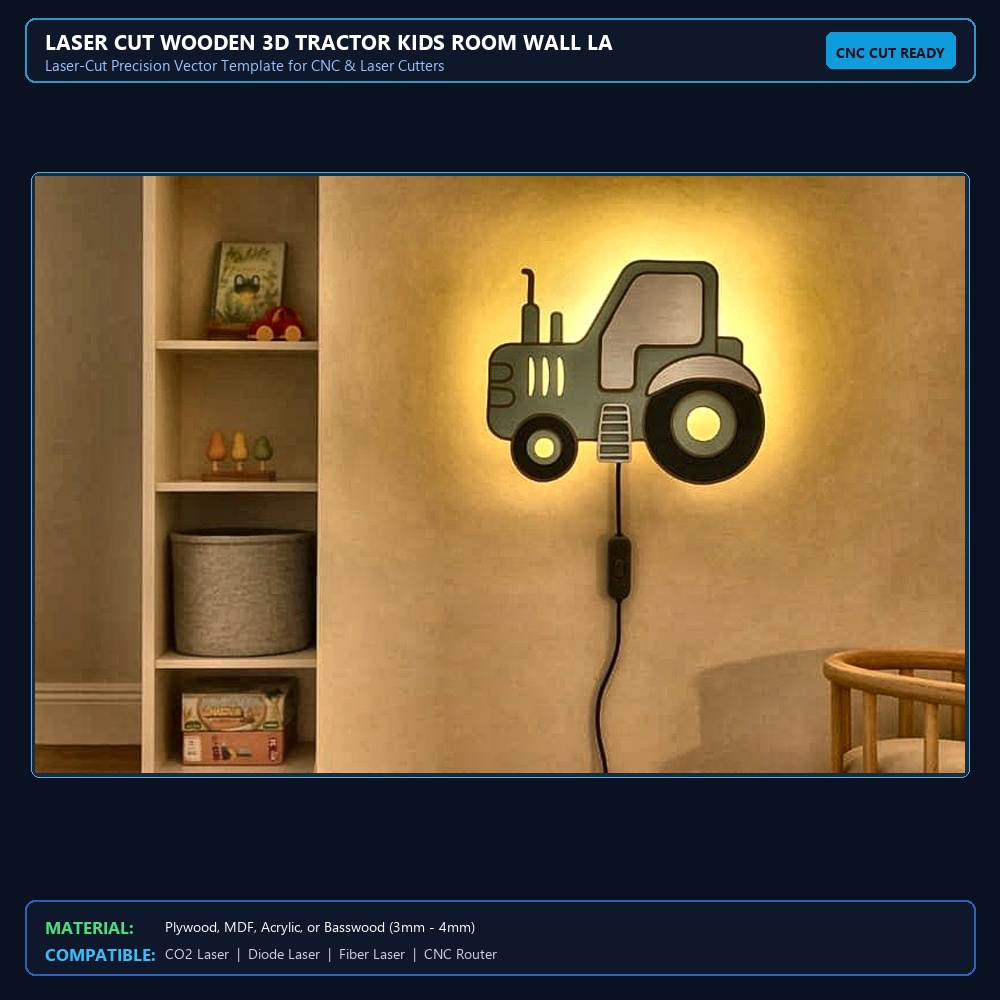 Laser Cut Wooden 3D Tractor Kids Room Wall Lamp View 2