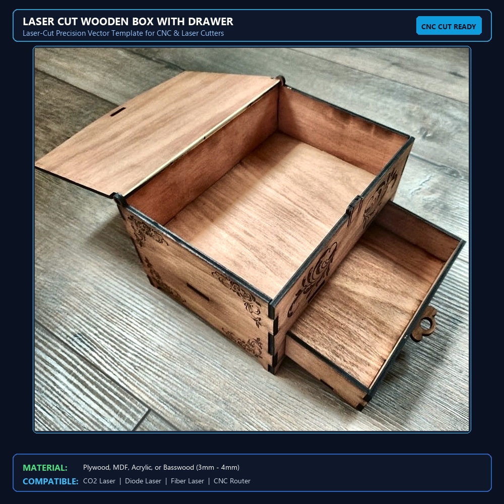 Laser Cut Wooden Box With Drawer View 2