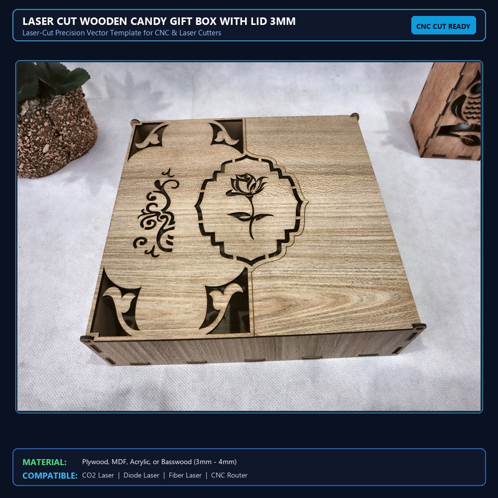 Laser Cut Wooden Candy Gift Box With Lid 3mm SVG DXF CDR AI PDF Free Download View 2