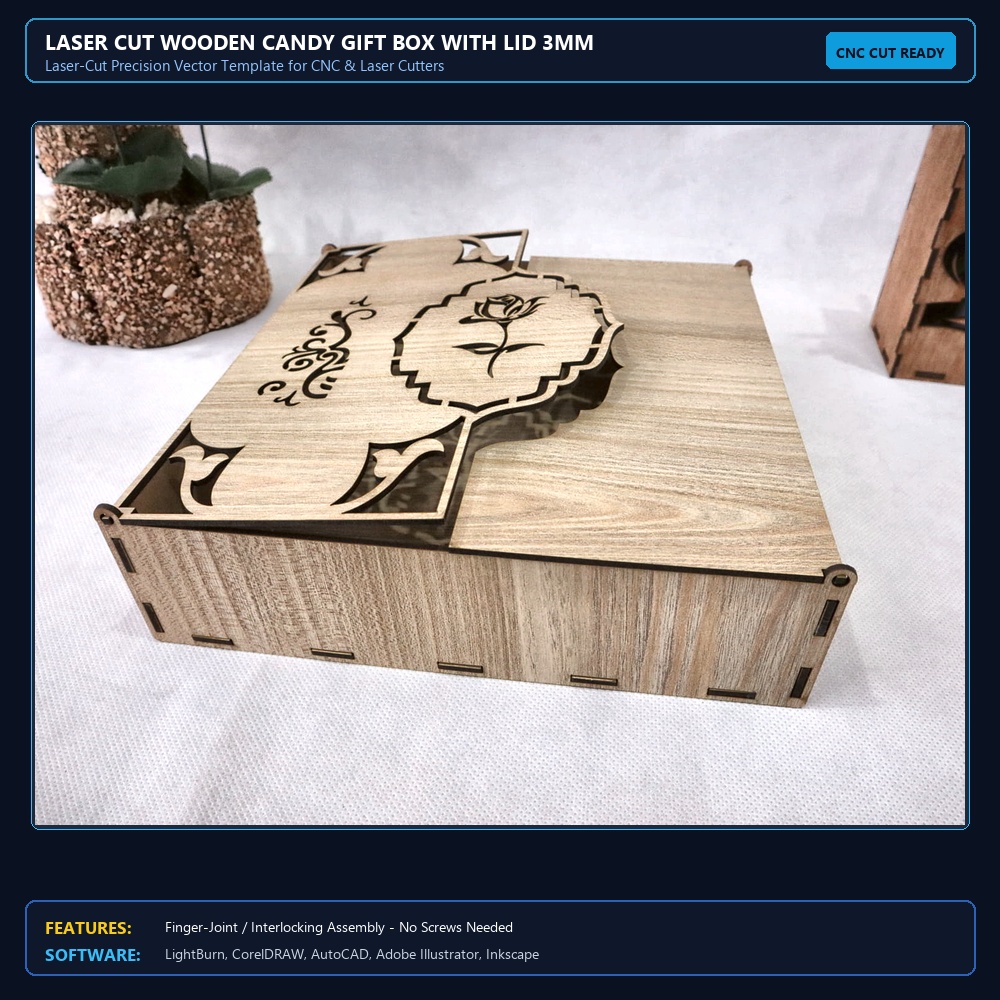 Laser Cut Wooden Candy Gift Box With Lid 3mm SVG DXF CDR AI PDF Free Download View 3