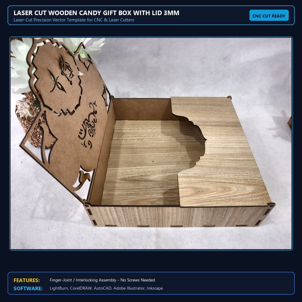Laser Cut Wooden Candy Gift Box With Lid 3mm SVG DXF CDR AI PDF Free Download View 4