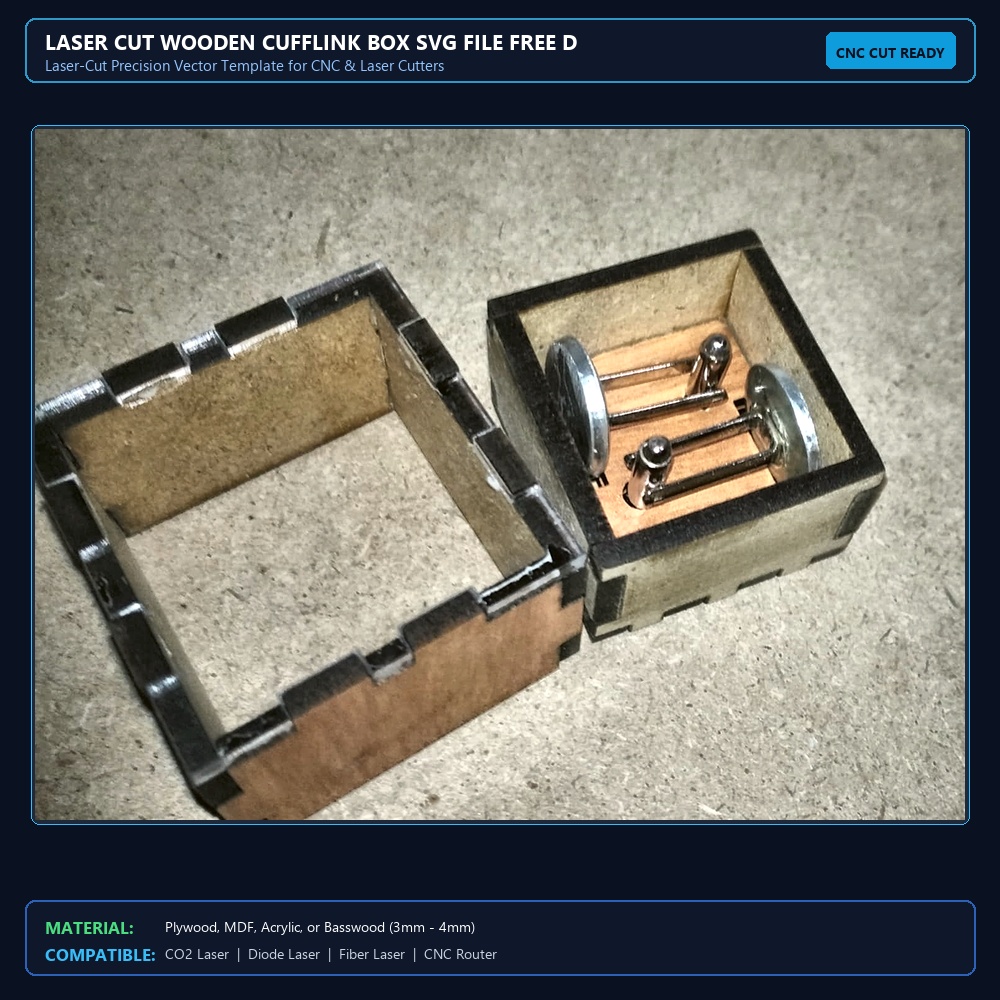 Laser Cut Wooden Cufflink Box SVG File Free Download View 2