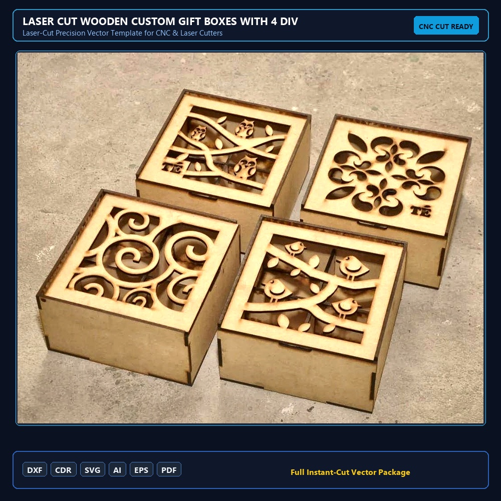 Laser Cut Wooden Custom Gift Boxes With 4 Divisions