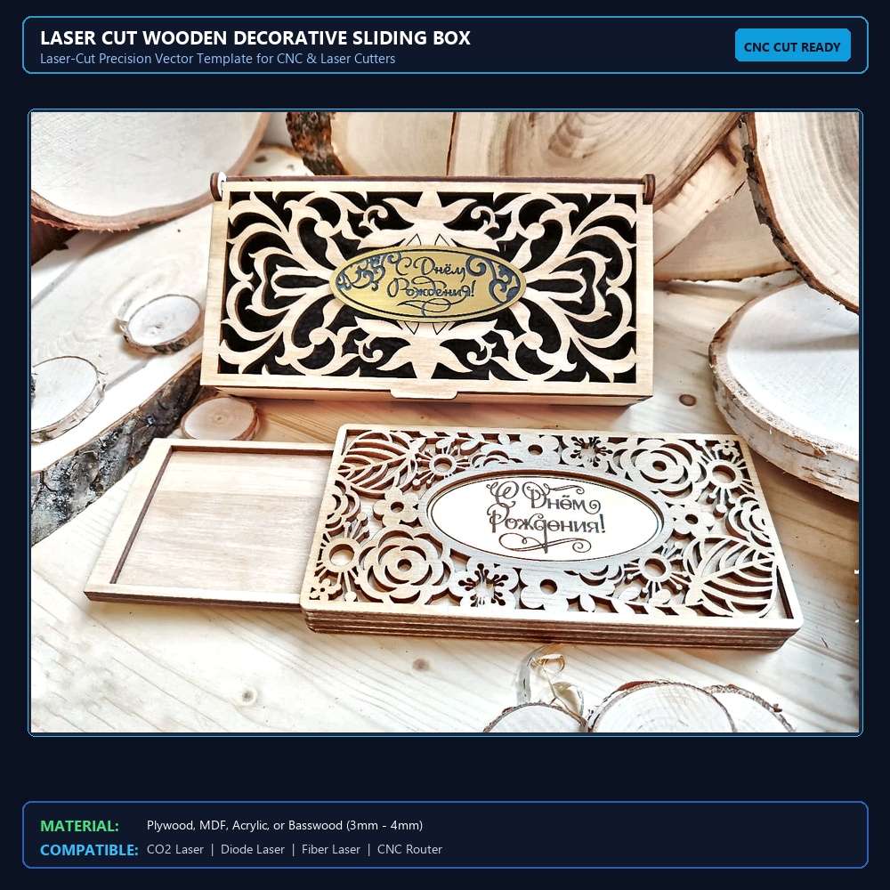 Laser Cut Wooden Decorative Sliding Box View 2