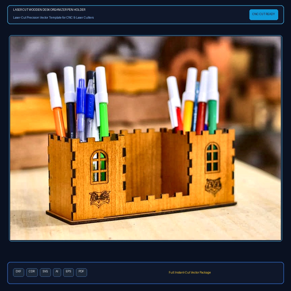 Laser Cut Wooden Desk Organizer Pen Holder