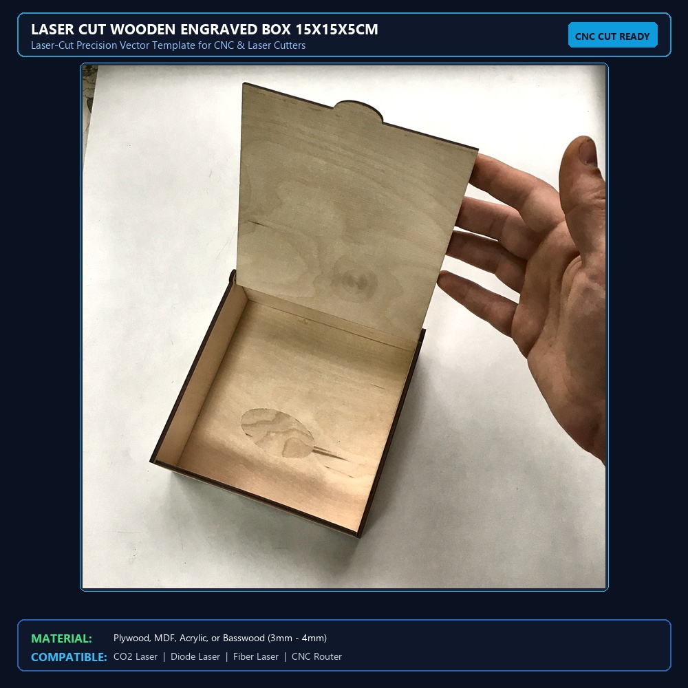 Laser Cut Wooden Engraved Box 15x15x5cm View 2