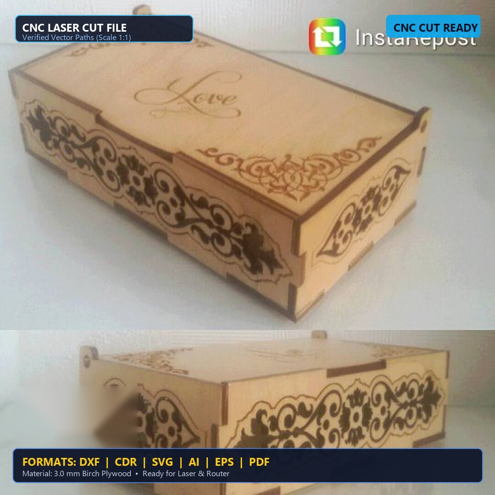 Laser Cut Deep Engraved Ornate Wooden Keepsake Box - DXF, CDR, SVG
