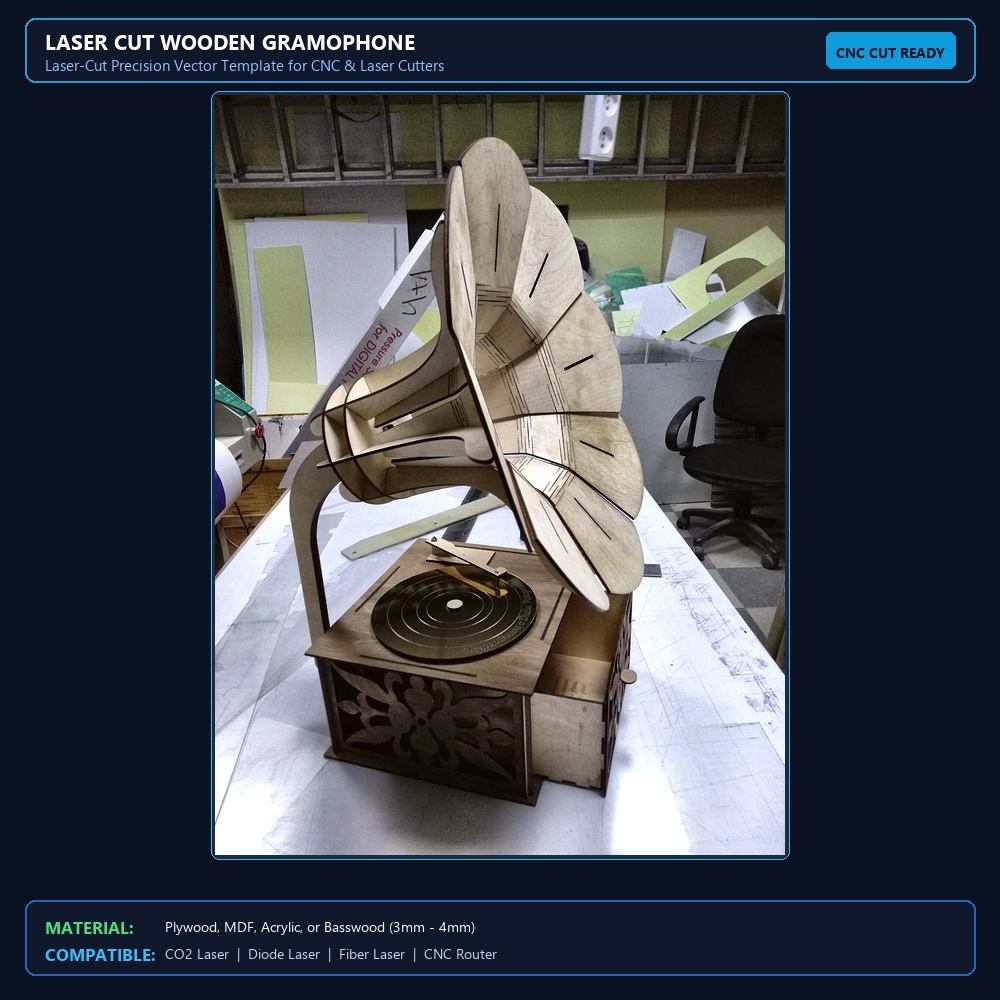 Laser Cut Wooden Gramophone View 2