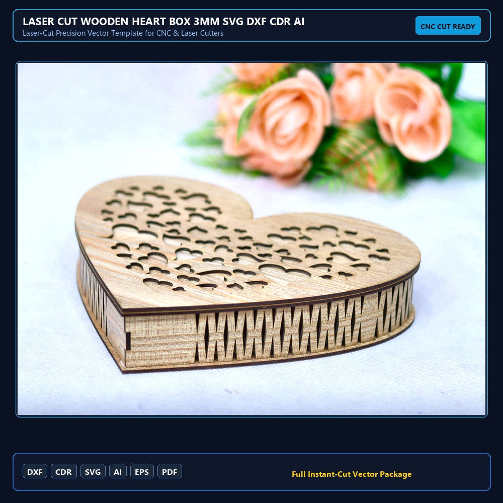Laser Cut Wooden Heart Box 3mm SVG DXF CDR AI PDF Free Download