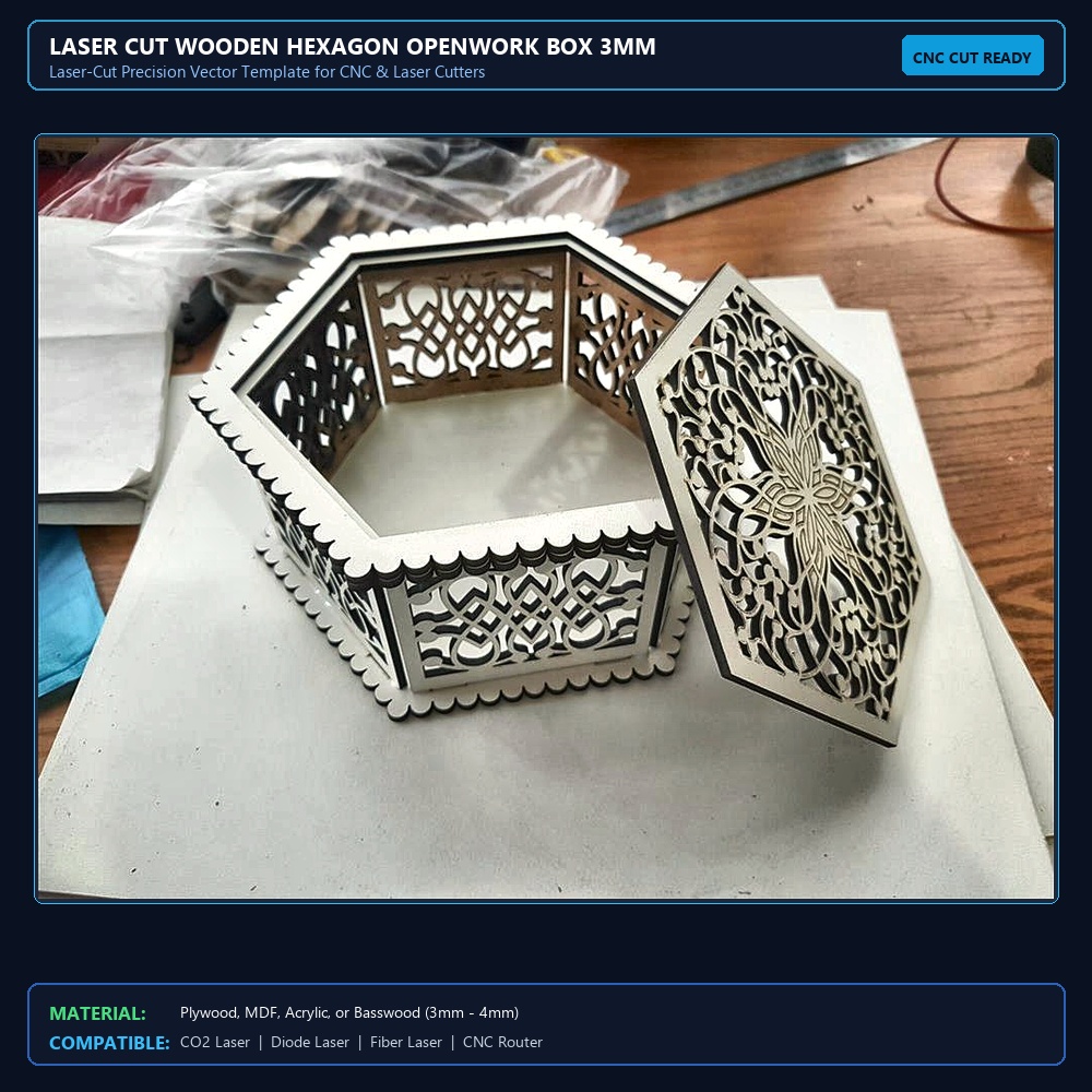 Laser Cut Wooden Hexagon Openwork Box 3mm View 2