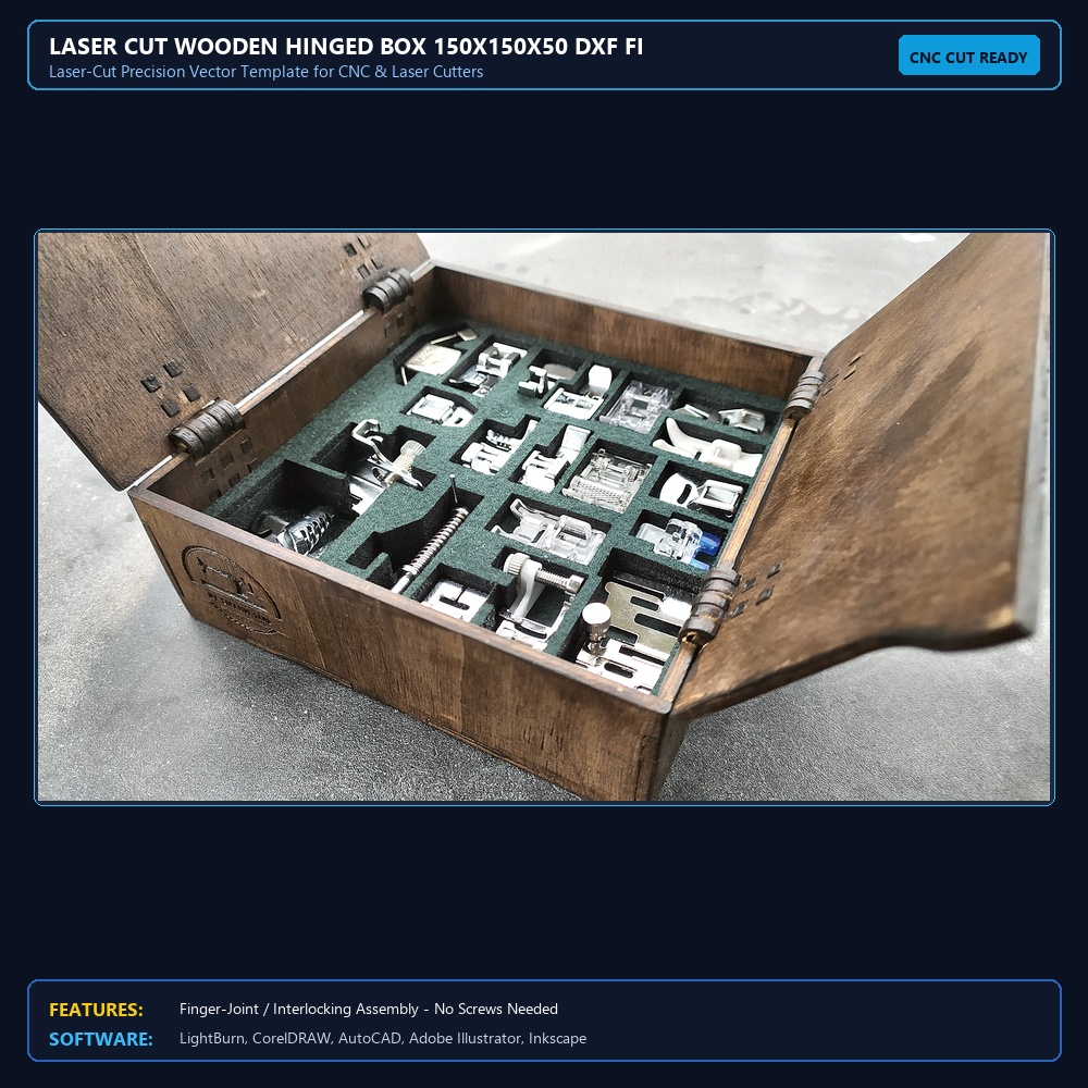 Laser Cut Wooden Hinged Box 150x150x50 DXF File Free Download View 3