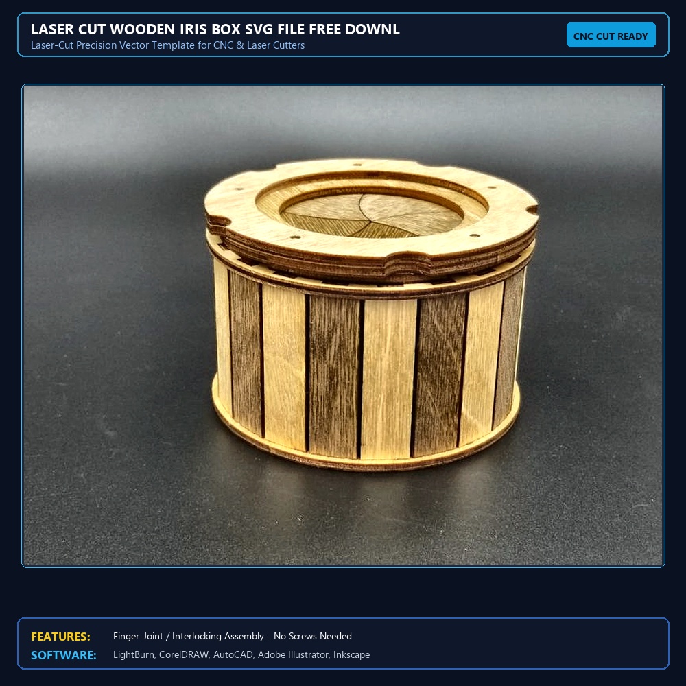 Laser Cut Wooden Iris Box SVG File Free Download View 3