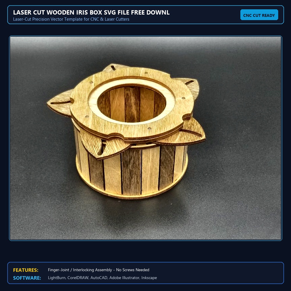 Laser Cut Wooden Iris Box SVG File Free Download View 4