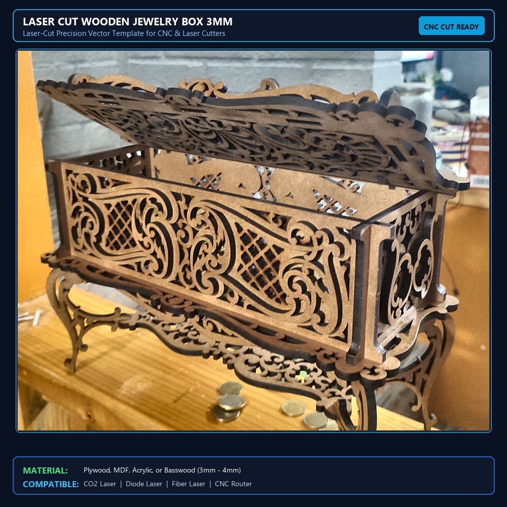 Laser Cut Wooden Jewelry Box 3mm View 2