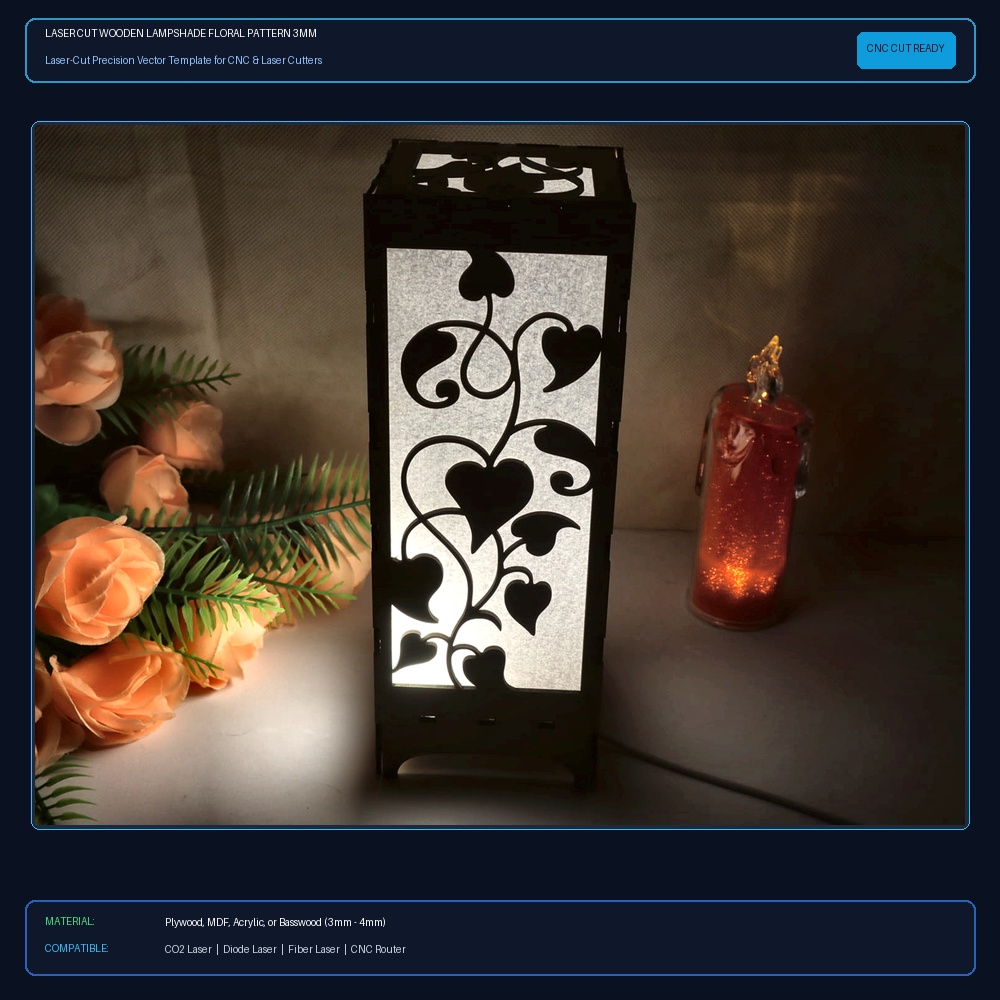 Laser Cut Wooden Lampshade Floral Pattern 3mm SVG DXF CDR AI PDF Free Download View 2
