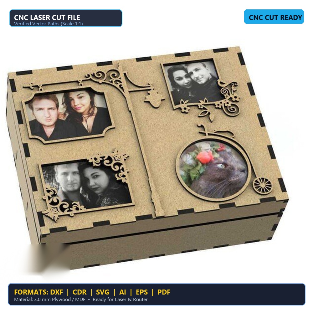 Laser Cut Wooden Photo Album Keepsake Memory Chest - DXF, CDR, SVG