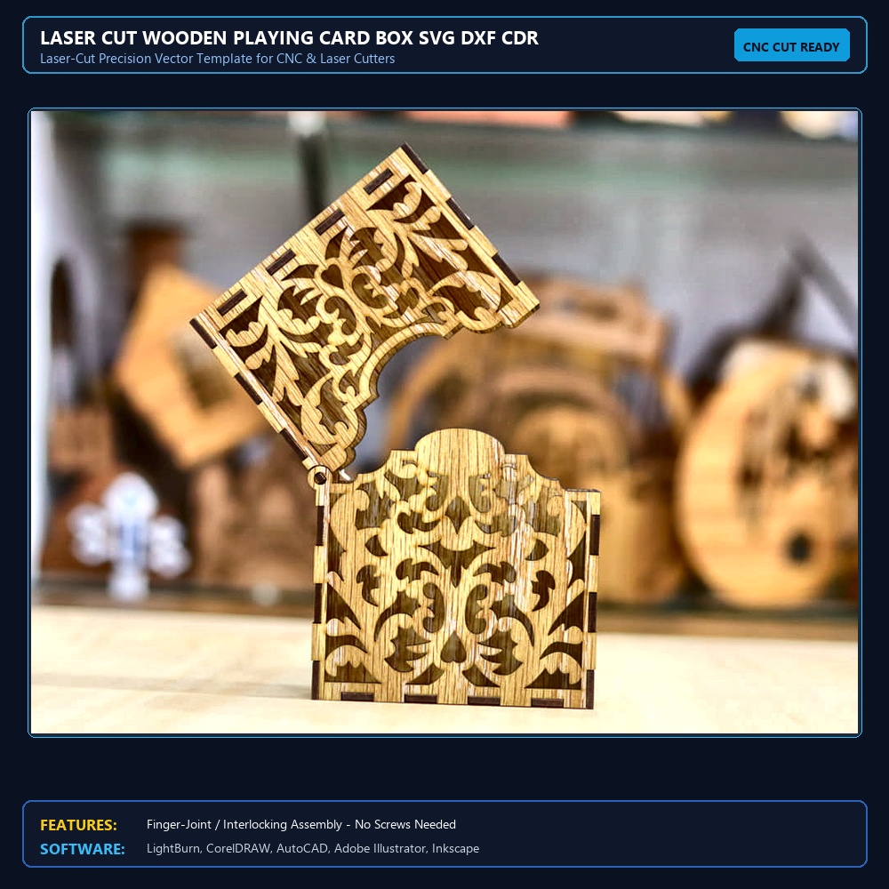 Laser Cut Wooden Playing Card Box SVG DXF CDR AI PDF Free Download View 3