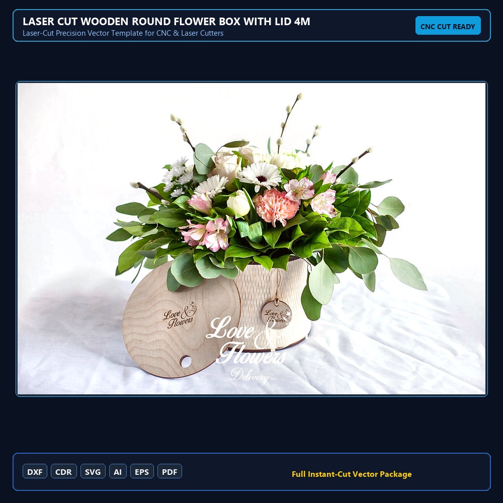 Laser Cut Wooden Round Flower Box With Lid 4mm