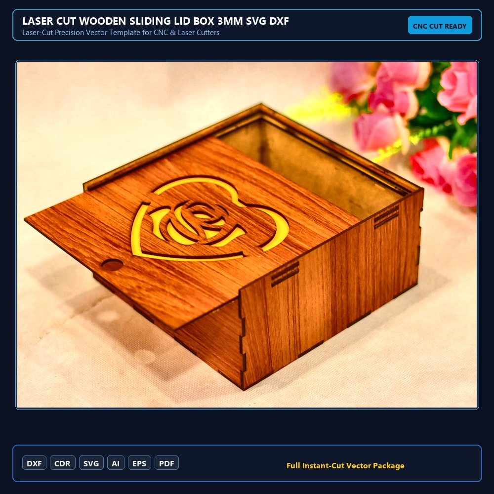 Laser Cut Wooden Sliding Lid Box 3mm SVG DXF CDR AI PDF Free Download