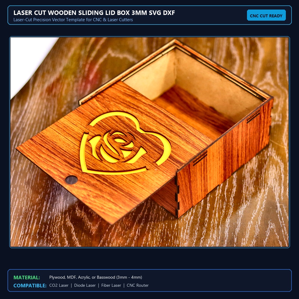 Laser Cut Wooden Sliding Lid Box 3mm SVG DXF CDR AI PDF Free Download View 2