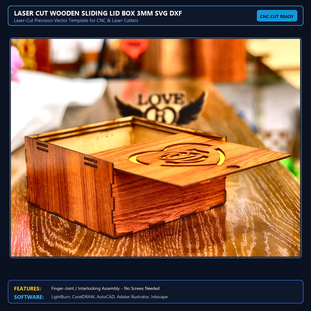 Laser Cut Wooden Sliding Lid Box 3mm SVG DXF CDR AI PDF Free Download View 3