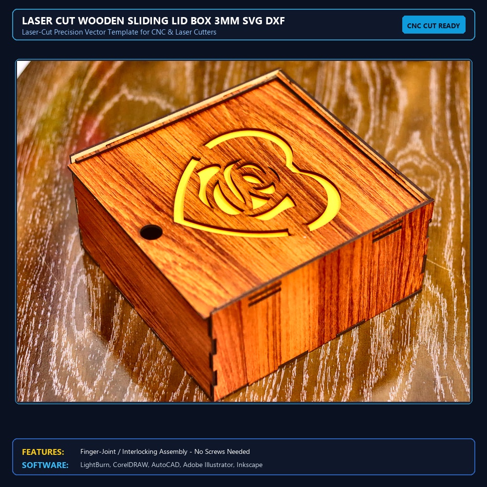 Laser Cut Wooden Sliding Lid Box 3mm SVG DXF CDR AI PDF Free Download View 4