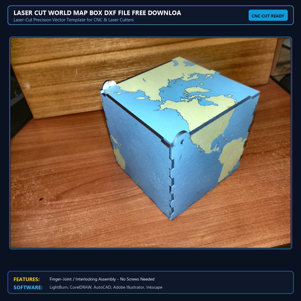 Laser Cut World Map Box DXF File Free Download View 3
