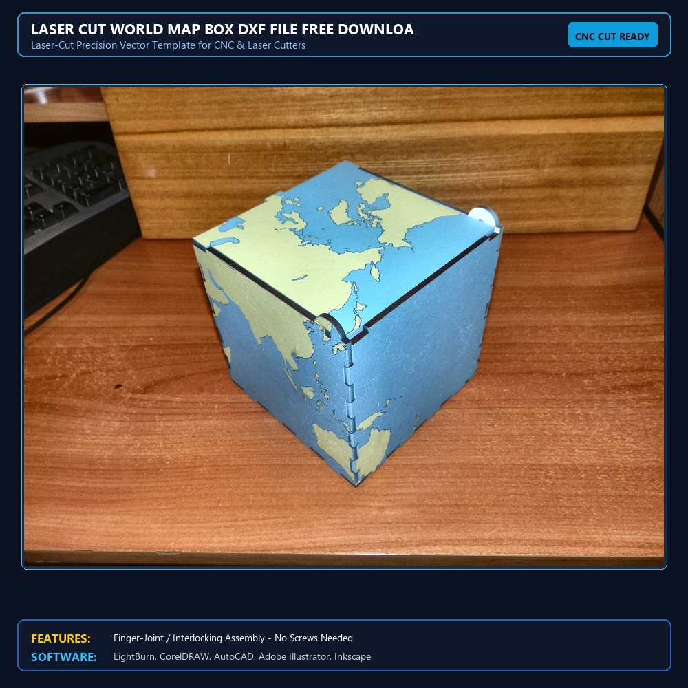 Laser Cut World Map Box DXF File Free Download View 4